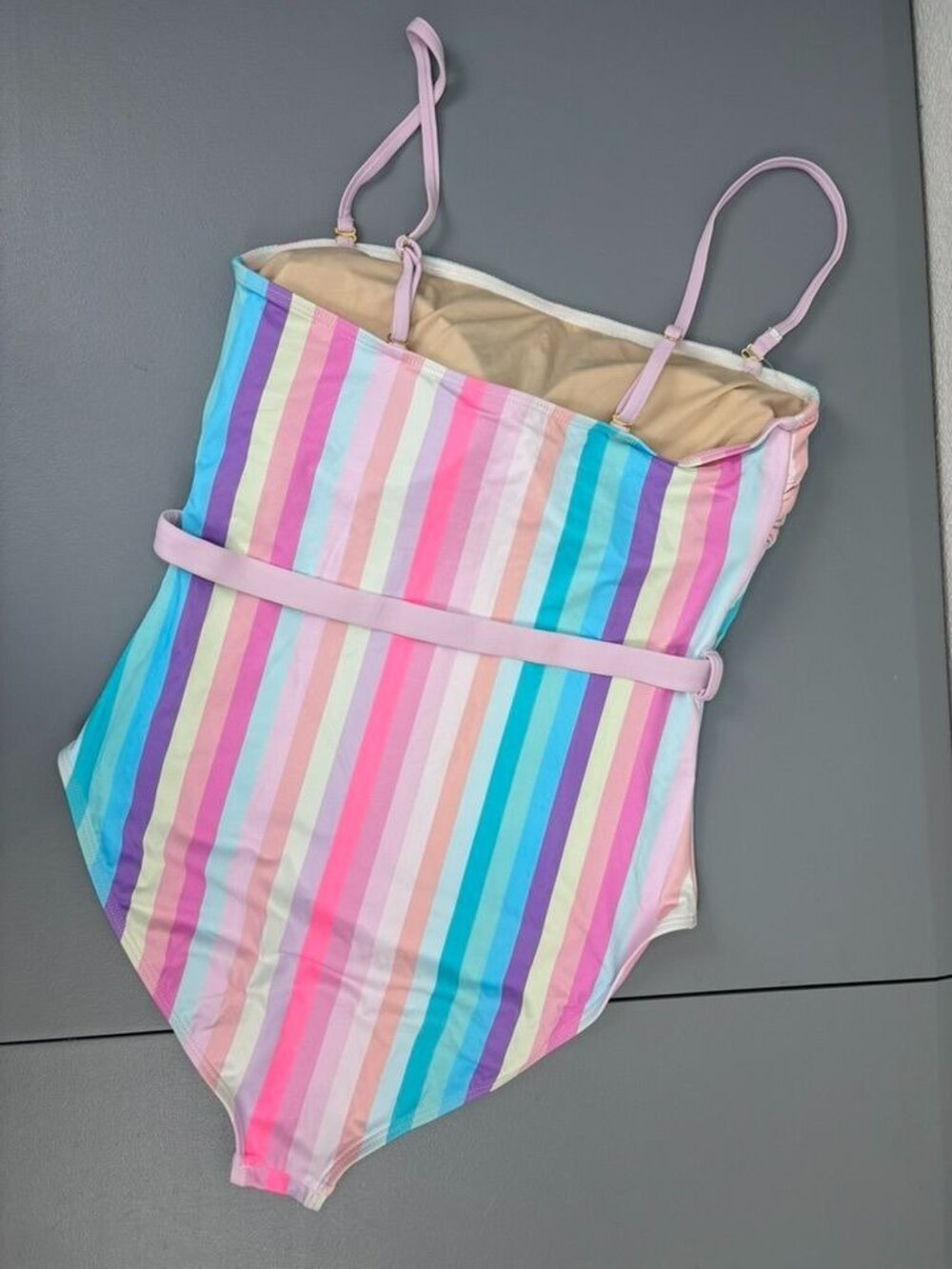 Beach Joy women's medium pastel rainbow striped one piece swimsuit belted - Picture 5 of 10